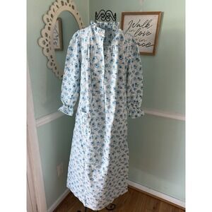 NWOT Vintage Sears Blue & White Flannel Nightgown Ruffle Collar Size Medium M